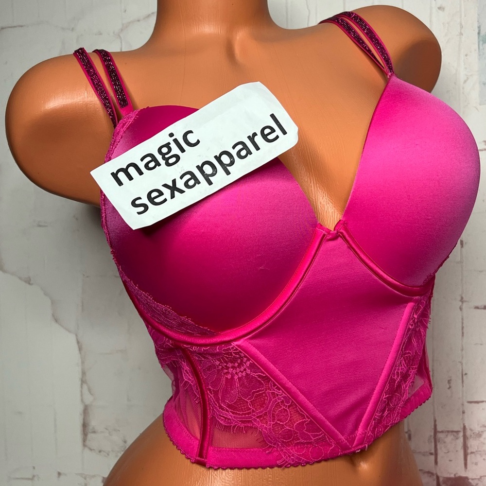 VS 38DD DOUBLE SHINE STRAP PUSH-UP BRA CORSET TOP LONGLINE SMOOTH CRYSTAL LACE